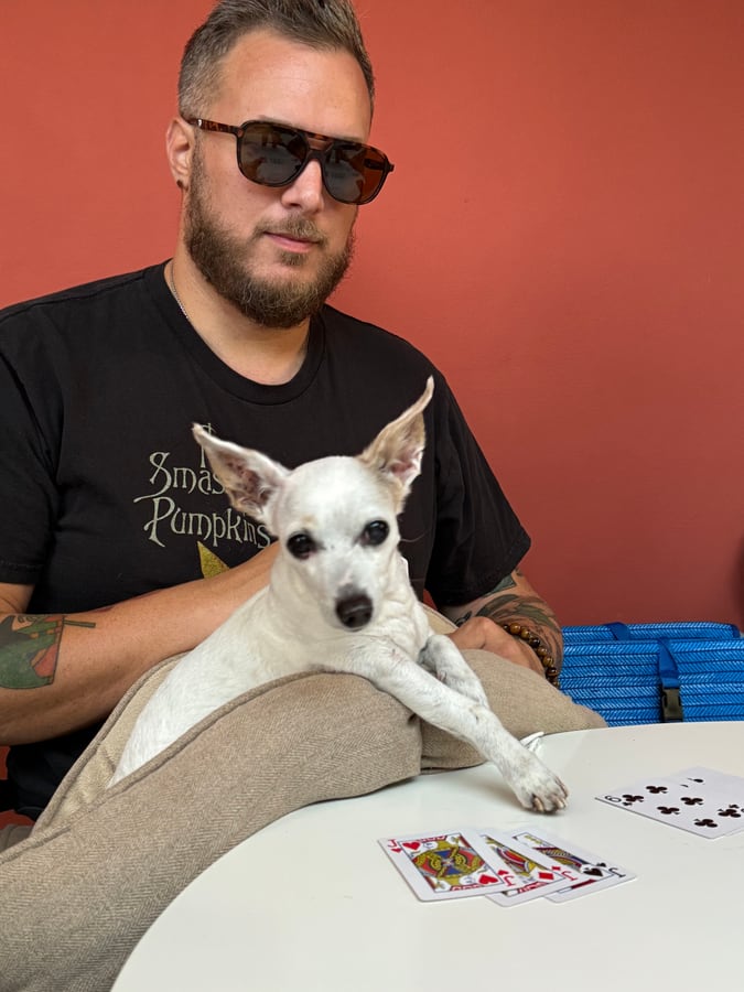 Robbie at a table with his chihuahua on his lap and a hand of cards in front of him, against a terracotta wall